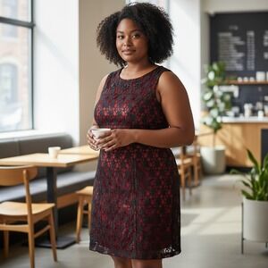 Avenue Womens Dress Size 22 Red/Black Lace Overlay Sheath Party Holiday Beaded‎